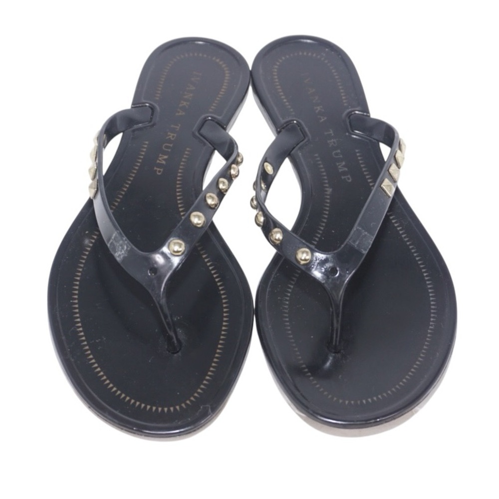 Ivanka Trump Black Jelly Flip-Flop Sandals with Gold Studs on Straps, Size 5